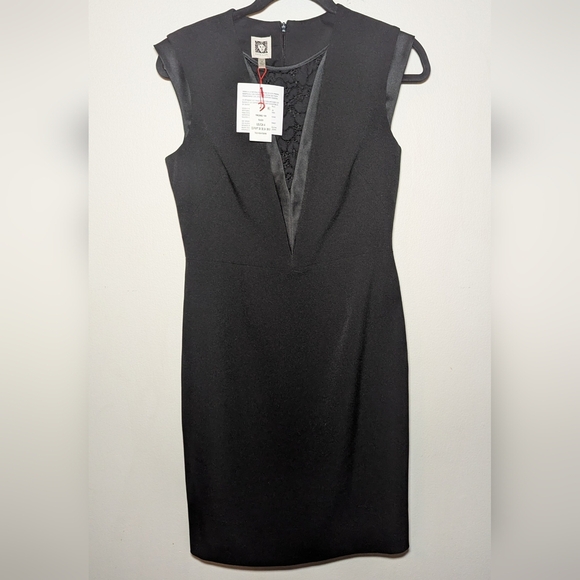 Anne Klein Black Sheath Dress with Extended Shoulders Lace Inset Women's Size 4 - Picture 1 of 6